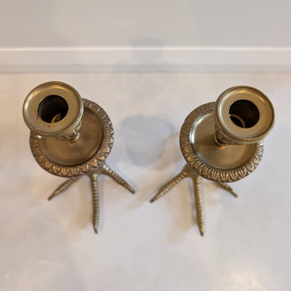 Vintage Ornate Brass Birds Feet / Turkey Feet / Claw Feet Candlestick Holders - Picture 2 of 7